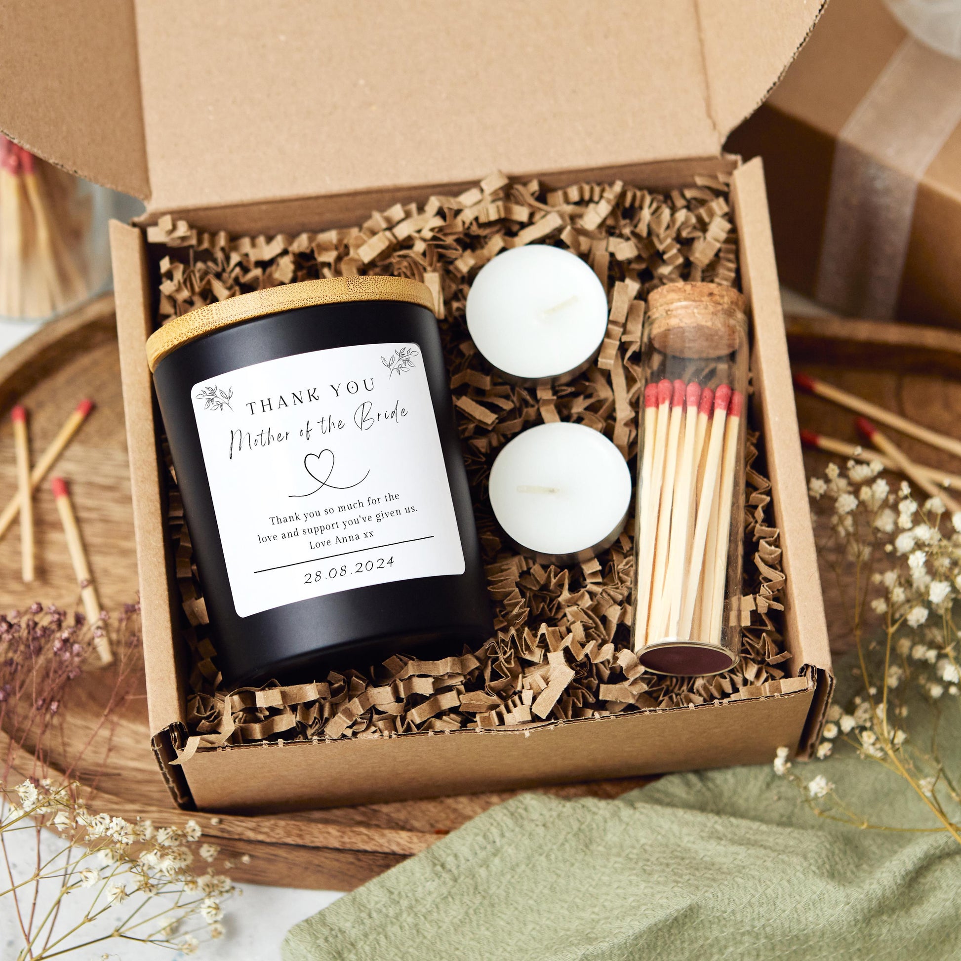mother of the bride thank you candle made with soy wax. Scented Candle gift set with matches for mother of the bride, mother of the groom, step mother. Personalised candle gift for her. Wedding gift for mum