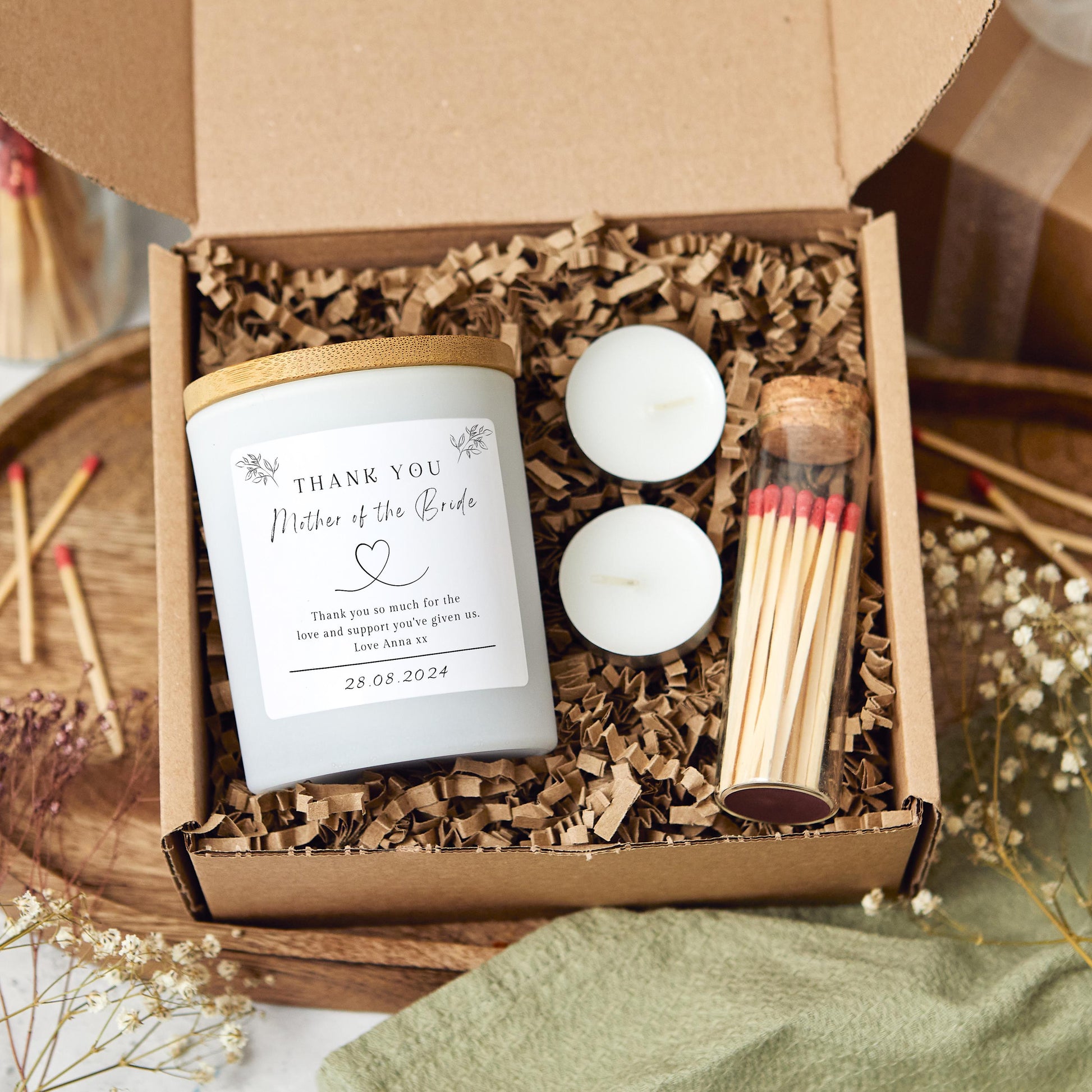 mother of the bride thank you candle made with soy wax. Scented Candle gift set with matches for mother of the bride, mother of the groom, step mother. Personalised candle gift for her. Wedding gift for mum