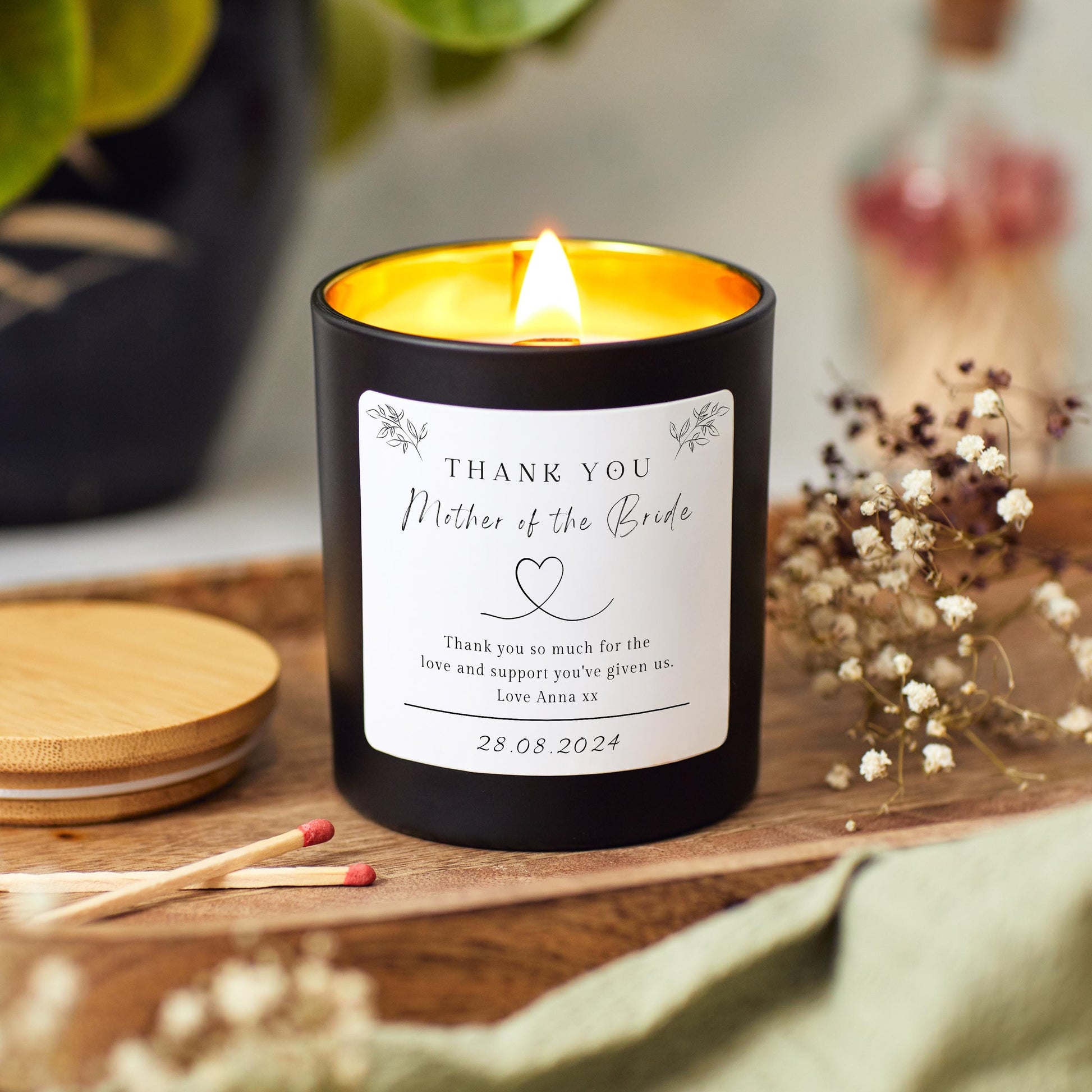 mother of the bride thank you candle made with soy wax. Scented Candle gift set with matches for mother of the bride, mother of the groom, step mother. Personalised candle gift for her. Wedding gift for mum