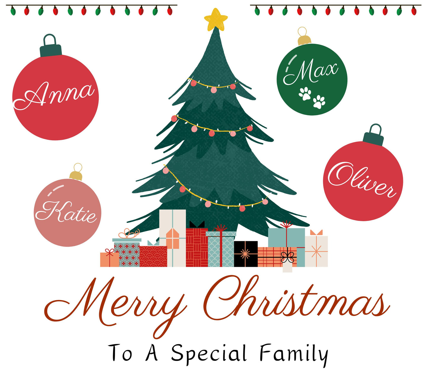 Personalised Christmas Tree Candle, Merry Christmas to a Special Family, Custom Family Names, Xmas Present for Couple with Family Baubles, Sister Family Gift, Brother Family Candle