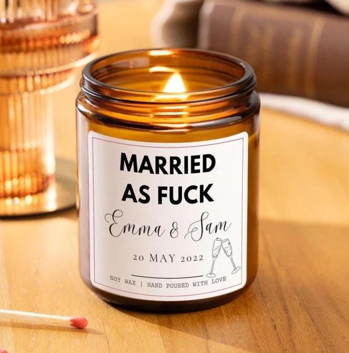 Married As Fuck Personalised Scented Candle, Funny Wedding Gift for Couple, Custom Wedding Candle, Engagement Gift, Newlywed Gift, Congratulations Married AF, Bridal Shower Gift, Bride and Groom Candle, Wedding Decoration Candle, Marriage Gift