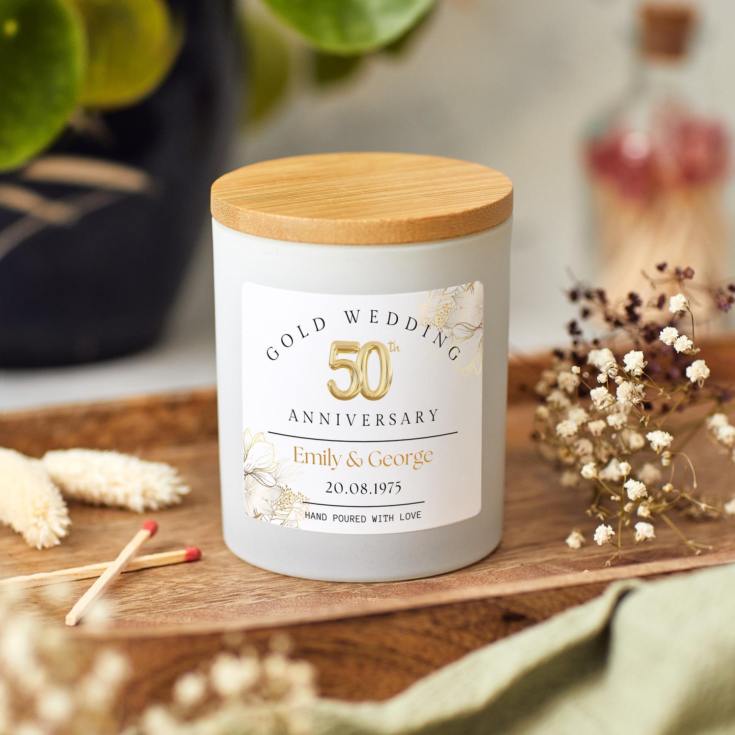 50th Wedding Anniversary Gift, 50th Gold Anniversary Present for Wife, Personalised Anniversary Scented Candle for Parents Gold Wedding Gift