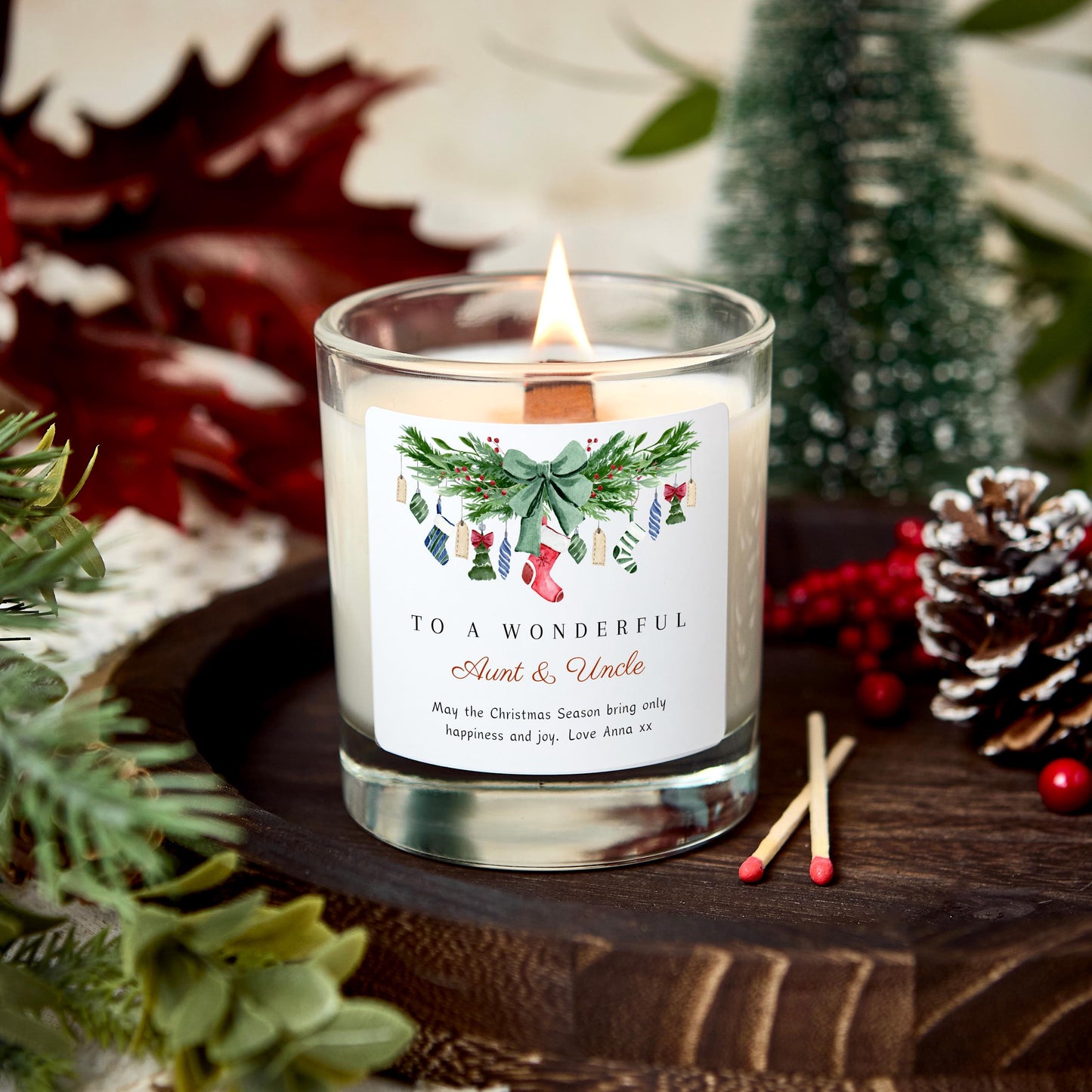 Merry Christmas to a Wonderful Aunt and Uncle Personalised Candle, Christmas Gift for Auntie & Uncle, Custom Christmas Stocking Filler
