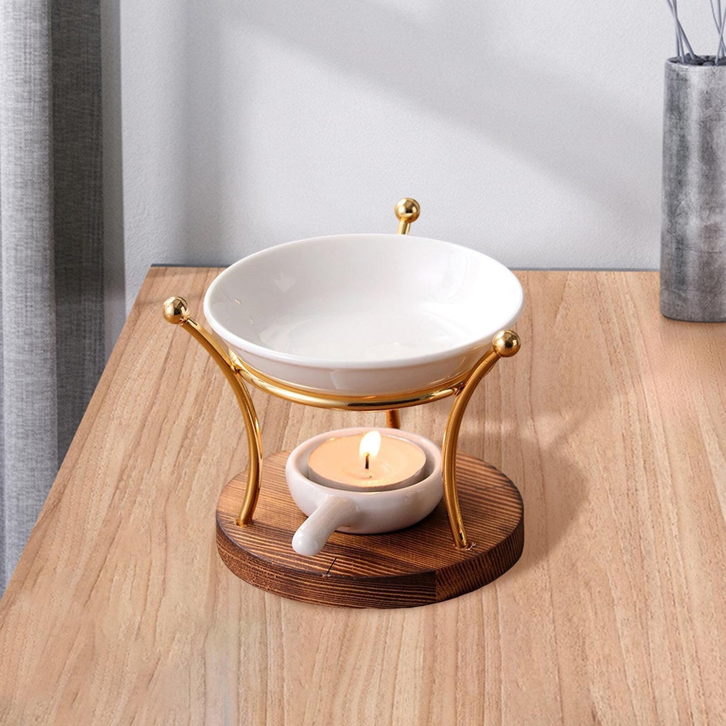 Wax Melt Burner, Wooden Wax Burner, Gold Ceramic Oil Burner, Wax Burner for Soy Wax Melts, Wax Burner Set, Oil Burner for Essential Oils