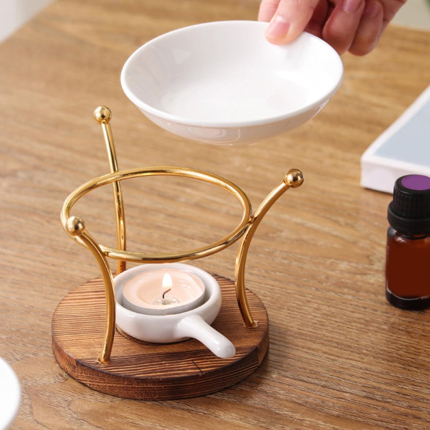Wax Melt Burner, Wooden Wax Burner, Gold Ceramic Oil Burner, Wax Burner for Soy Wax Melts, Wax Burner Set, Oil Burner for Essential Oils
