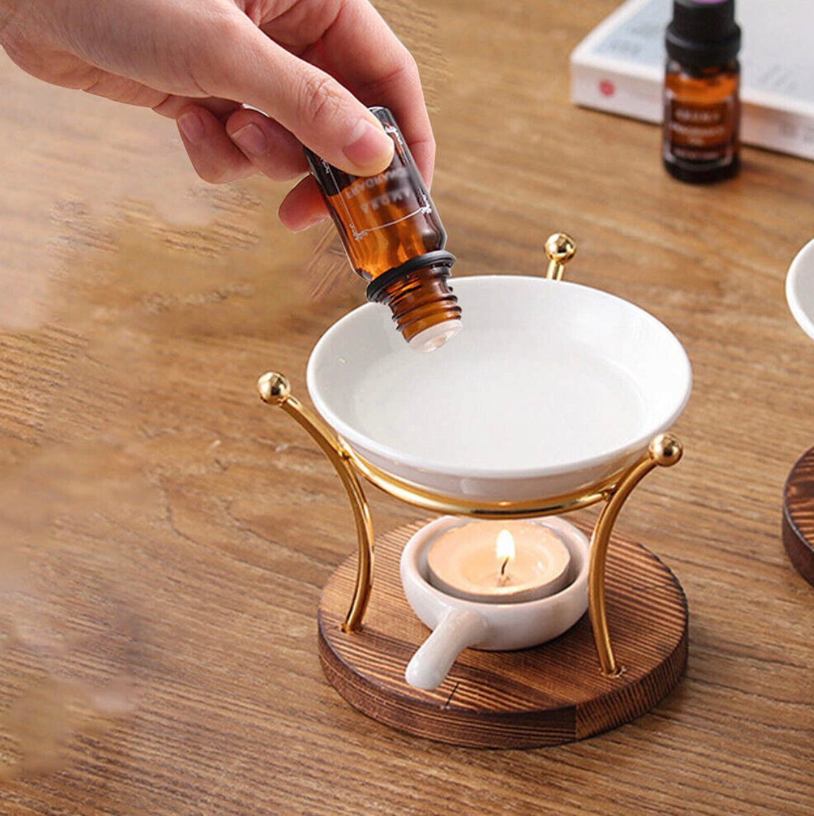 Wax Melt Burner, Wooden Wax Burner, Gold Ceramic Oil Burner, Wax Burner for Soy Wax Melts, Wax Burner Set, Oil Burner for Essential Oils