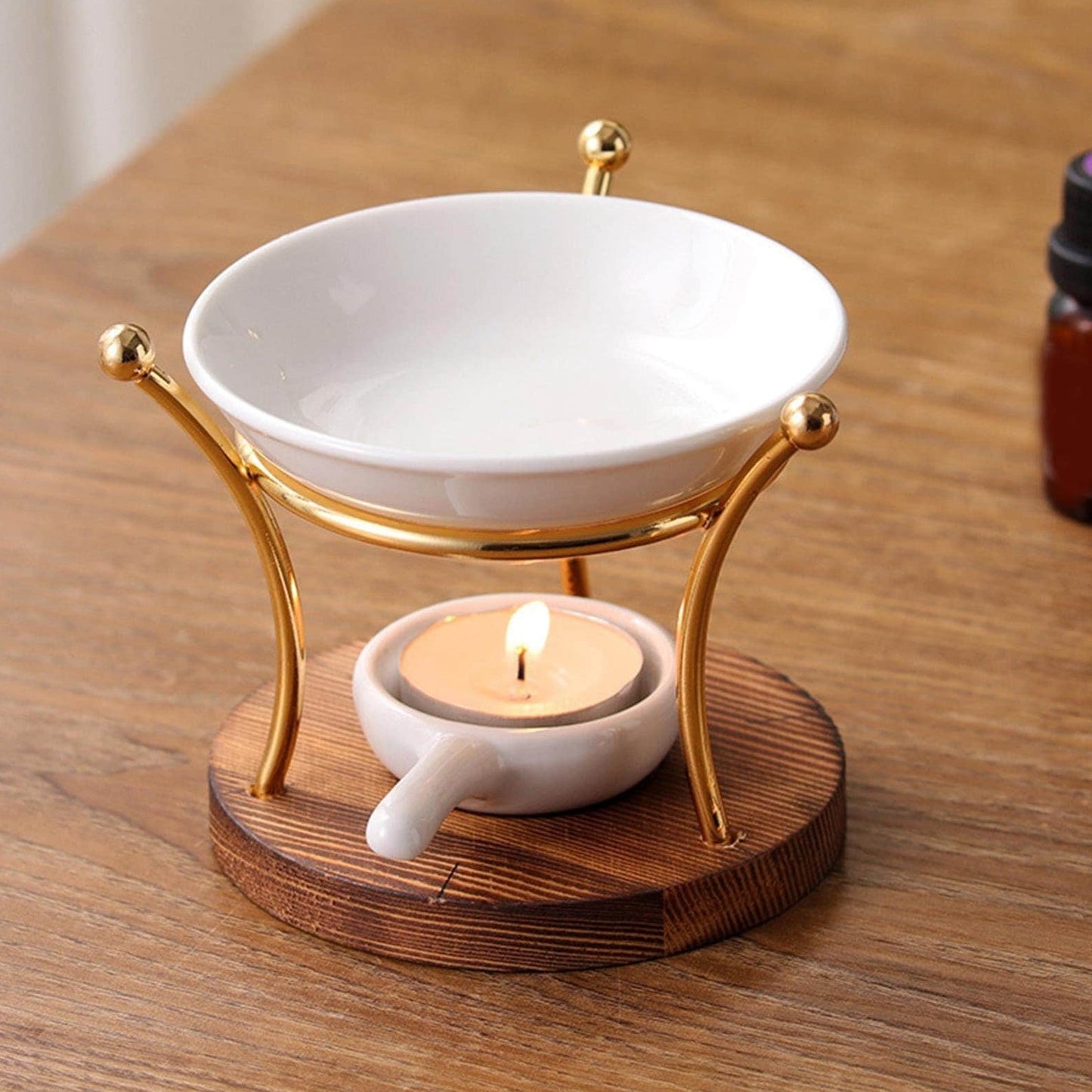 Wax Melt Burner, Wooden Wax Burner, Gold Ceramic Oil Burner, Wax Burner for Soy Wax Melts, Wax Burner Set, Oil Burner for Essential Oils