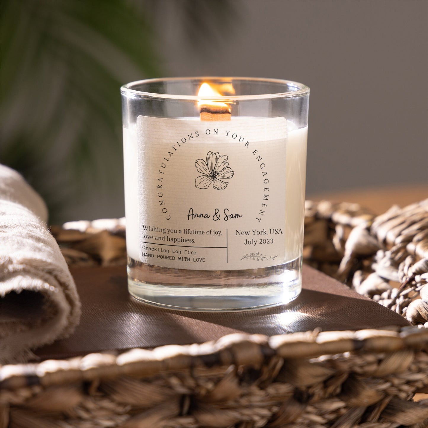 engagement candle gift, personalised candle for newly engaged couple, scented candle made with soy wax, congratulations on your engagement gift