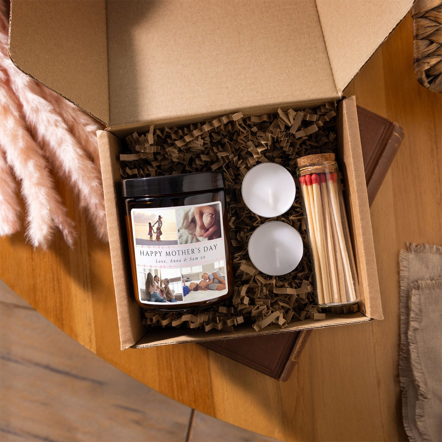mother's day candle made with soy wax. The label design features 4 photos along with a short personalised message.
