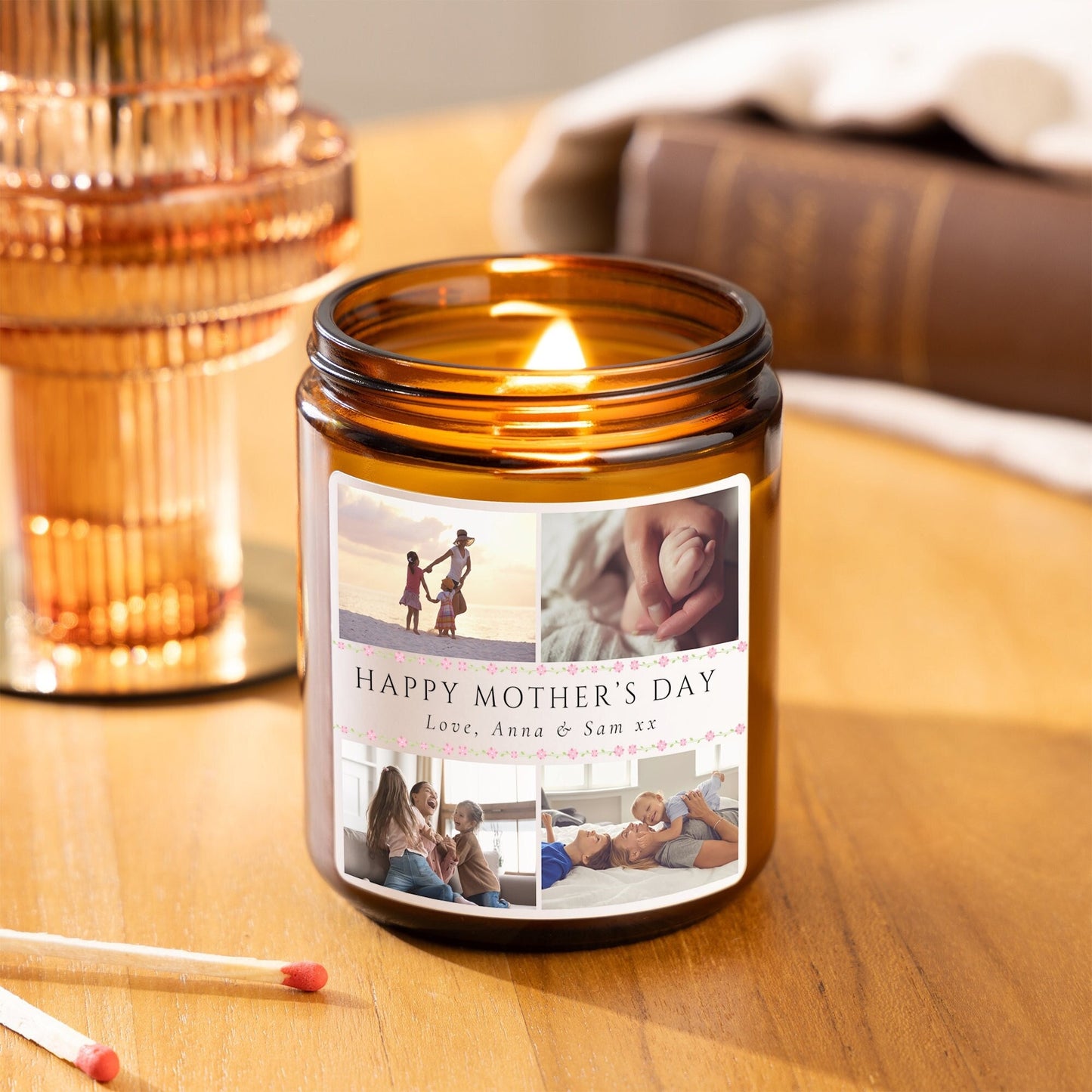 mother's day candle made with soy wax. The label design features 4 photos along with a short personalised message.