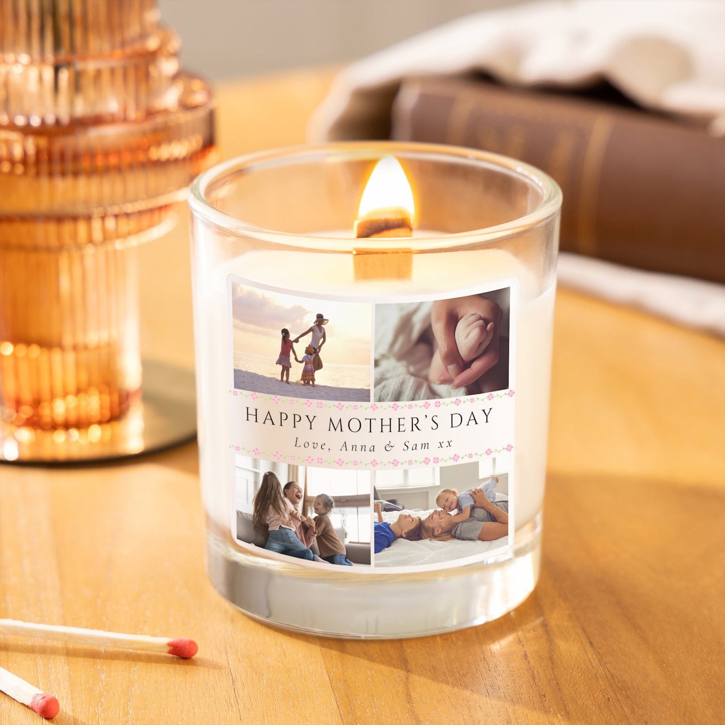 mother's day candle made with soy wax. The label design features 4 photos along with a short personalised message.