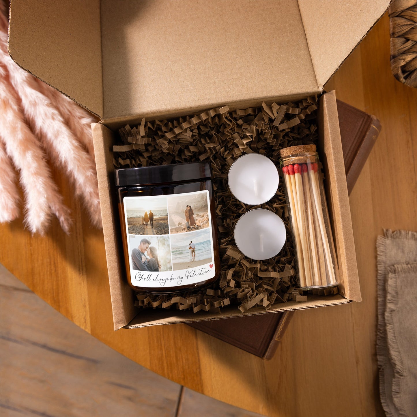 personalised photo candle for valentine's day with 4 photos - amber jar gift set