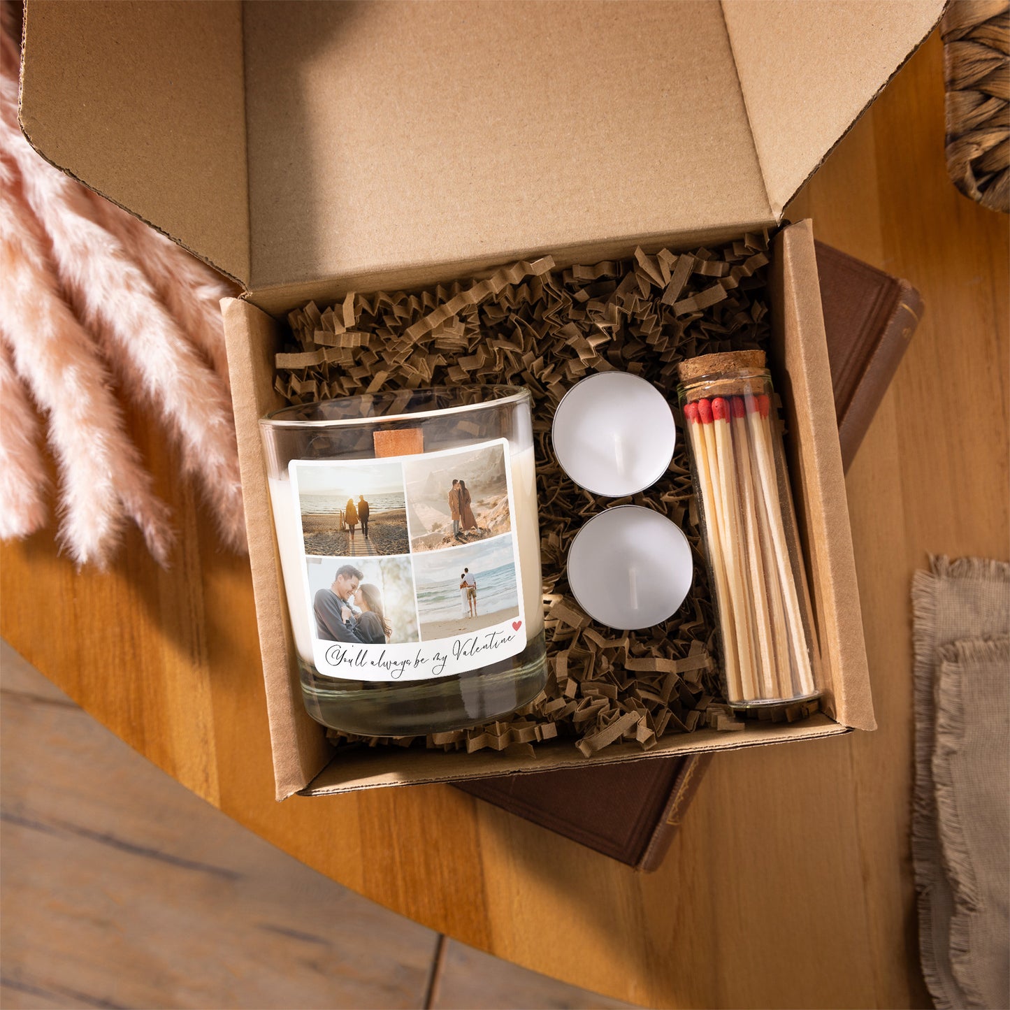personalised photo candle for valentine's day with 4 photos - clear jar gift set