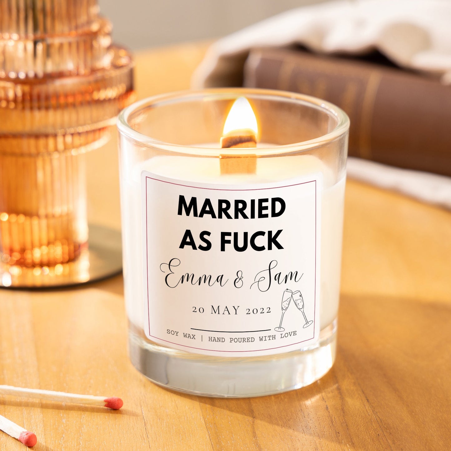 Married As Fuck Personalised Scented Candle, Wedding Gift for Couple, Funny Wedding Gift, Engagement gift, Married Af Gift Set with Matches and Tea Lights, Gift for Friend Wedding, Congratulations Wedding gift for her, Humour wedding day gift