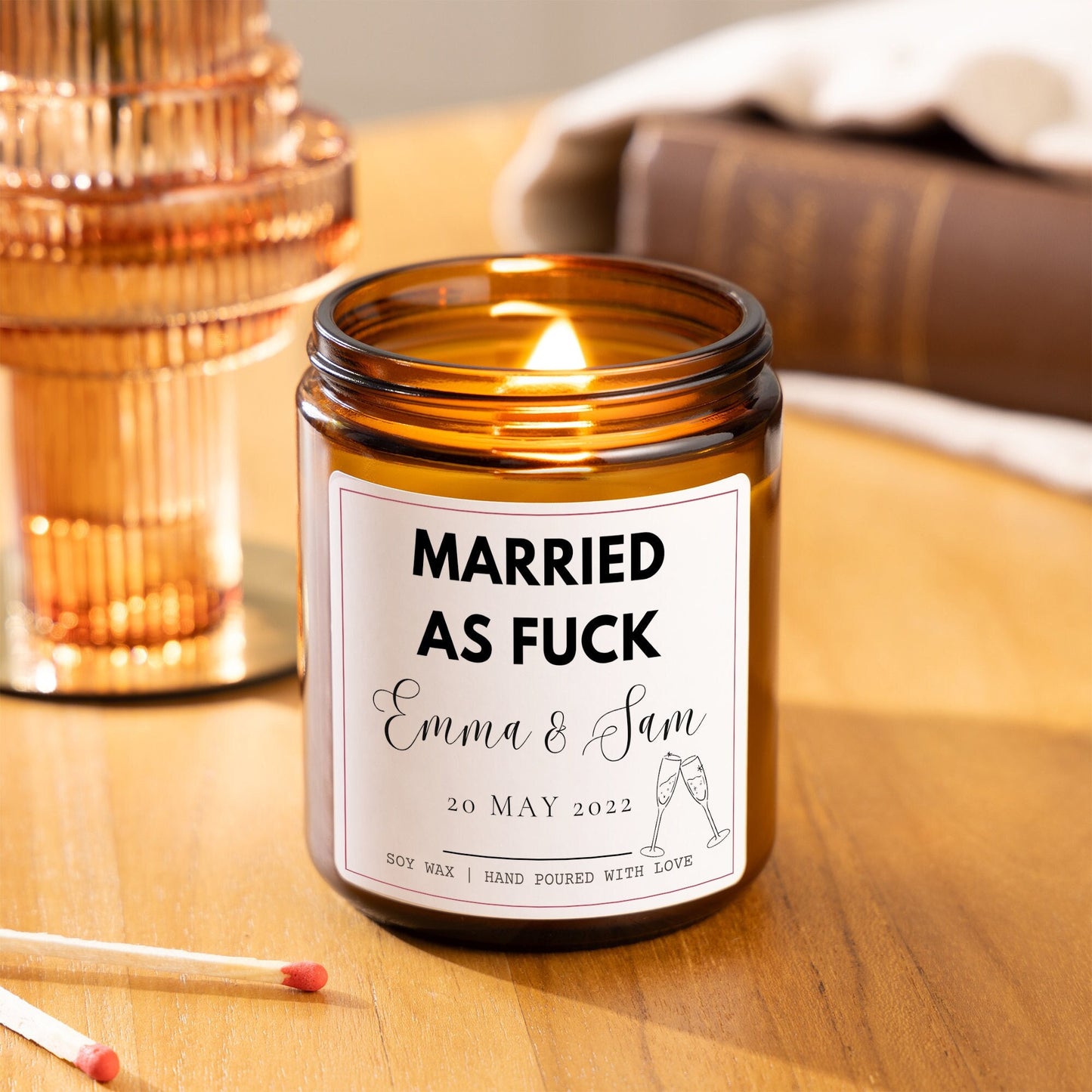 Married As Fuck Personalised Scented Candle, Wedding Gift for Couple, Funny Wedding Gift, Engagement gift, Married Af Gift Set with Matches and Tea Lights, Gift for Friend Wedding, Congratulations Wedding gift for her, Humour wedding day gift