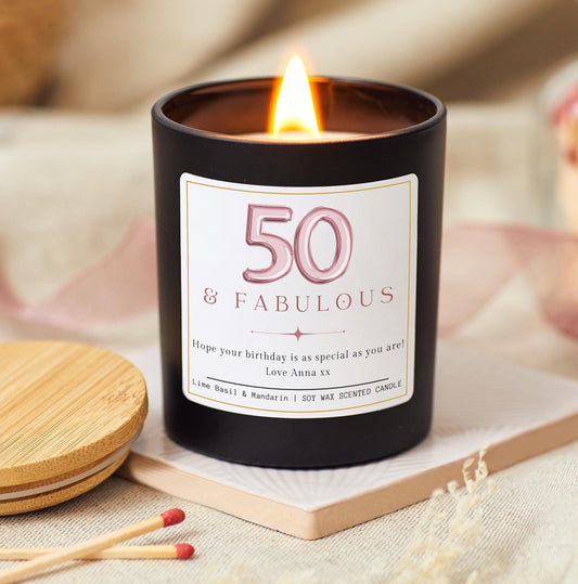 50 and Fabulous, 50th Birthday Gifts for Women, Fifty & Fabulous, 50th Birthday Personalised Candle, Funny Candle for Friends 50th, Auntie Gift, Gift under 20, Gift under 30, Sister Gift, Best Friend Personalised Gift