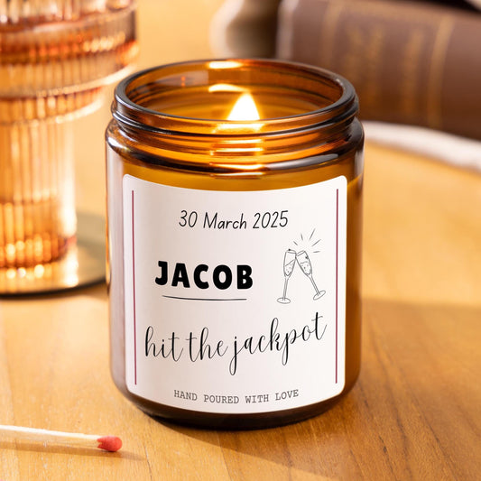 Wedding Gift Personalised Scented Candle, Wedding Gift for Couple, Funny Wedding Custom Gift, Engagement gift, He Hit The Jackpot