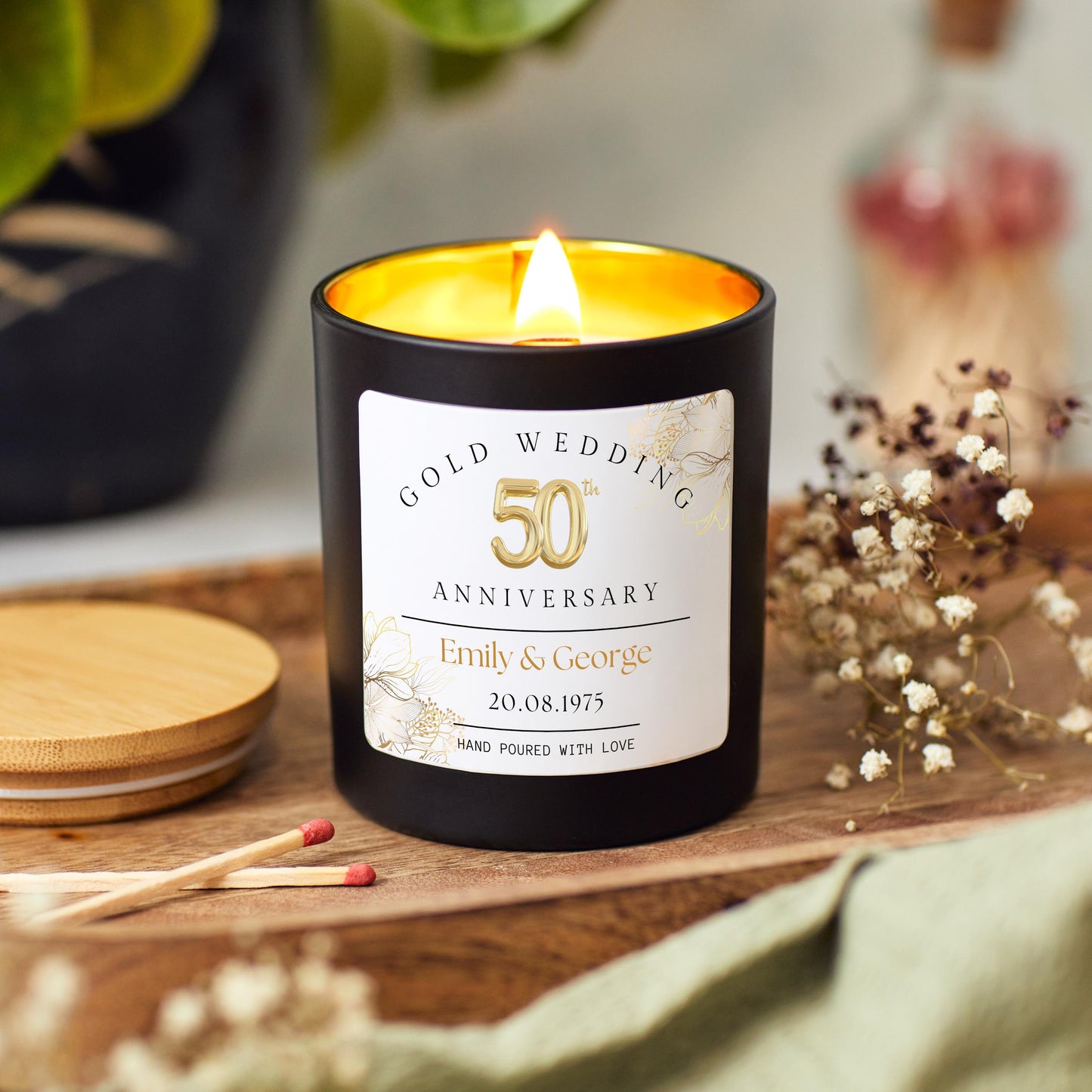 50th Wedding Anniversary Gift, 50th Gold Anniversary Present for Wife, Personalised Anniversary Scented Candle for Parents Gold Wedding Gift