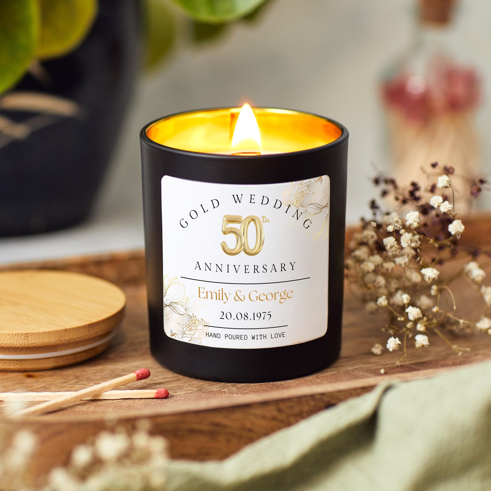 50th Wedding Anniversary Gift, 50th Gold Anniversary Present for Wife, Personalised Anniversary Scented Candle for Parents Gold Wedding Gift