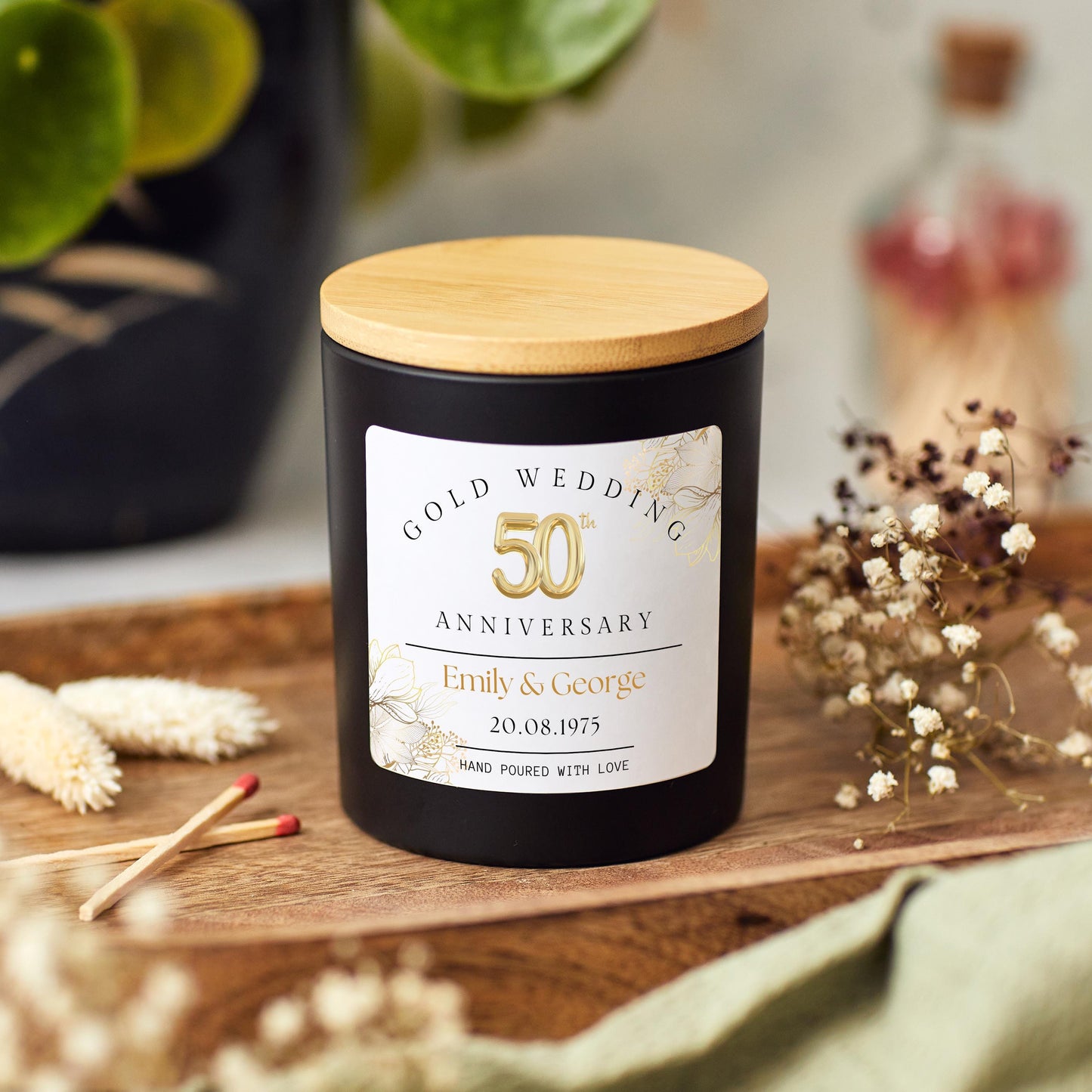 50th Wedding Anniversary Gift, 50th Gold Anniversary Present for Wife, Personalised Anniversary Scented Candle for Parents Gold Wedding Gift