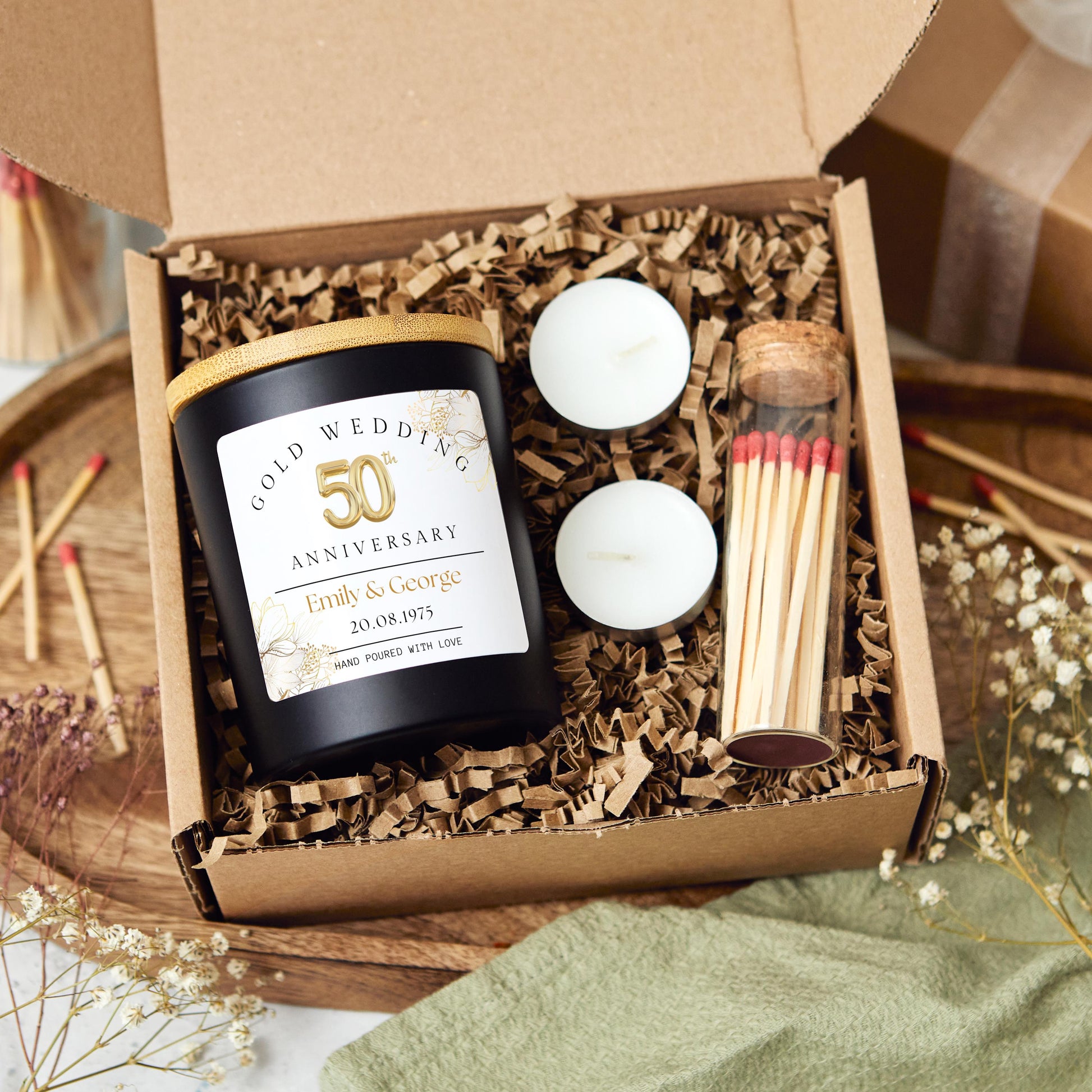 50th Wedding Anniversary Gift, 50th Gold Anniversary Present for Wife, Personalised Anniversary Scented Candle for Parents Gold Wedding Gift