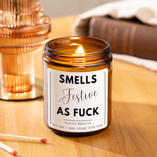 Festive As Fuck Funny Anti Christmas Candle Gift, Unique Secret Santa Gifts, Bestie Funny Xmas Candles, Festive AF Funny Slogan Joke Rude Christmas Candle Stocking Filler Present for Friend Wanky Candle, Fun Scented Candle