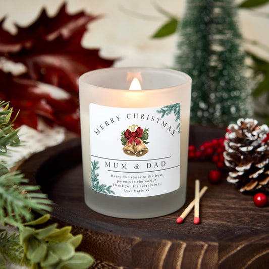 Merry Christmas Mum and Dad Personalised Xmas Candle Present for Parents, Christmas Gift for Mother and Dad, Christmas Eve Stocking Filler