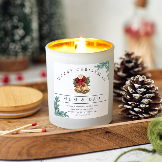 Merry Christmas Mum and Dad Candle, Personalised Xmas Gift for Parents, Christmas Present for Mother Father, Mum and Dad Christmas Eve Gift