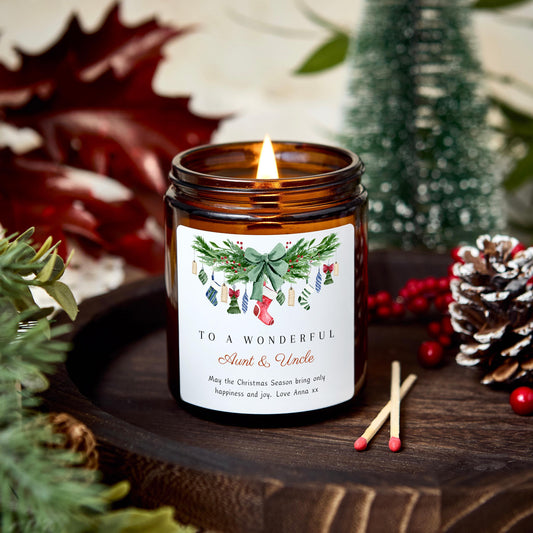 Merry Christmas to a Wonderful Aunt and Uncle Personalised Candle, Christmas Gift for Auntie & Uncle, Custom Christmas Stocking Filler