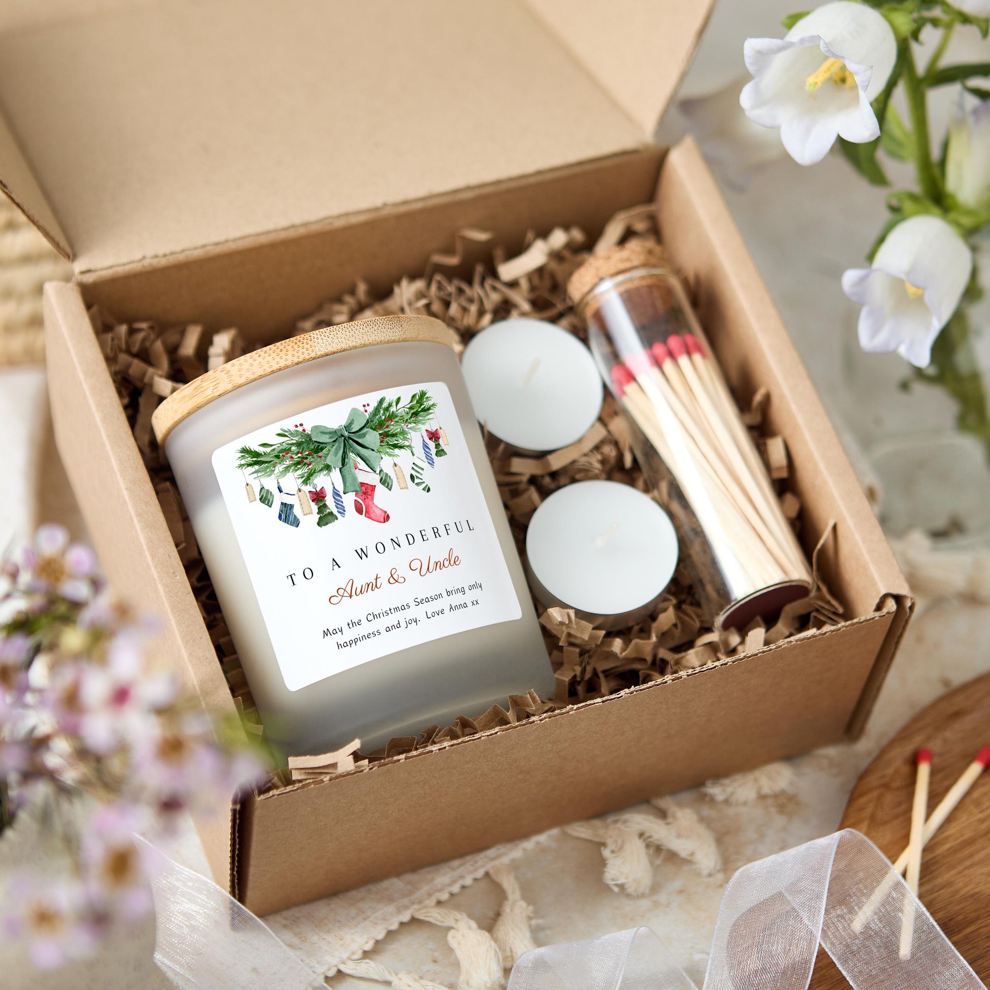 Merry Christmas to a Wonderful Aunt and Uncle Personalised Candle, Christmas Gift for Auntie & Uncle, Custom Christmas Stocking Filler