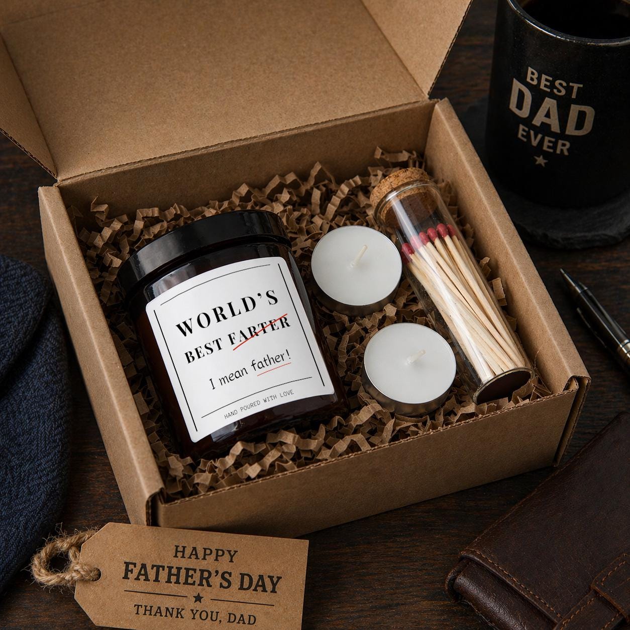 Funny Father’s Day Gift for Dad, Candle Gift Set for Him, “World’s Best Father” Joke Candle, Dad Birthday Gift Box UK