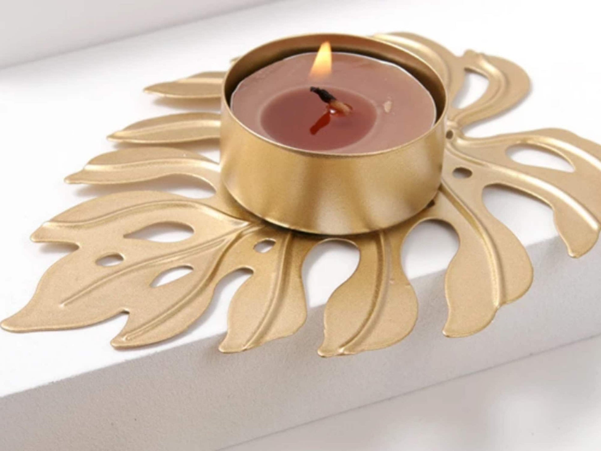 Gold & Green Leaf Tea Light / Candle Holder - housewarming gift, wedding gift