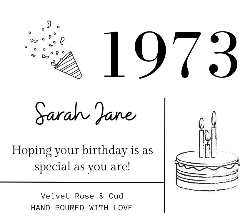 Birthdate personalised candle, Birth Year Personalised Candle, Handmade Scented Candle birthday gift, gift for woman, Add the text of your choice, Add the recipients birth year, 100% soy wax, vegan scented candles, Gift for her, gift for him