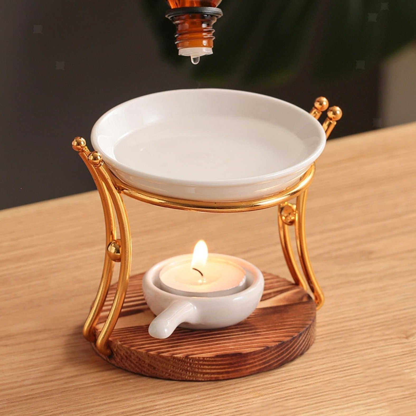 Wax Melt Burner, Gold Ceramic Wax Burner, Wooden Oil Burner, Wax Burner for Wax Melts, Wax Burner Gift Set, Ceramic Oil Burner,Essential oil