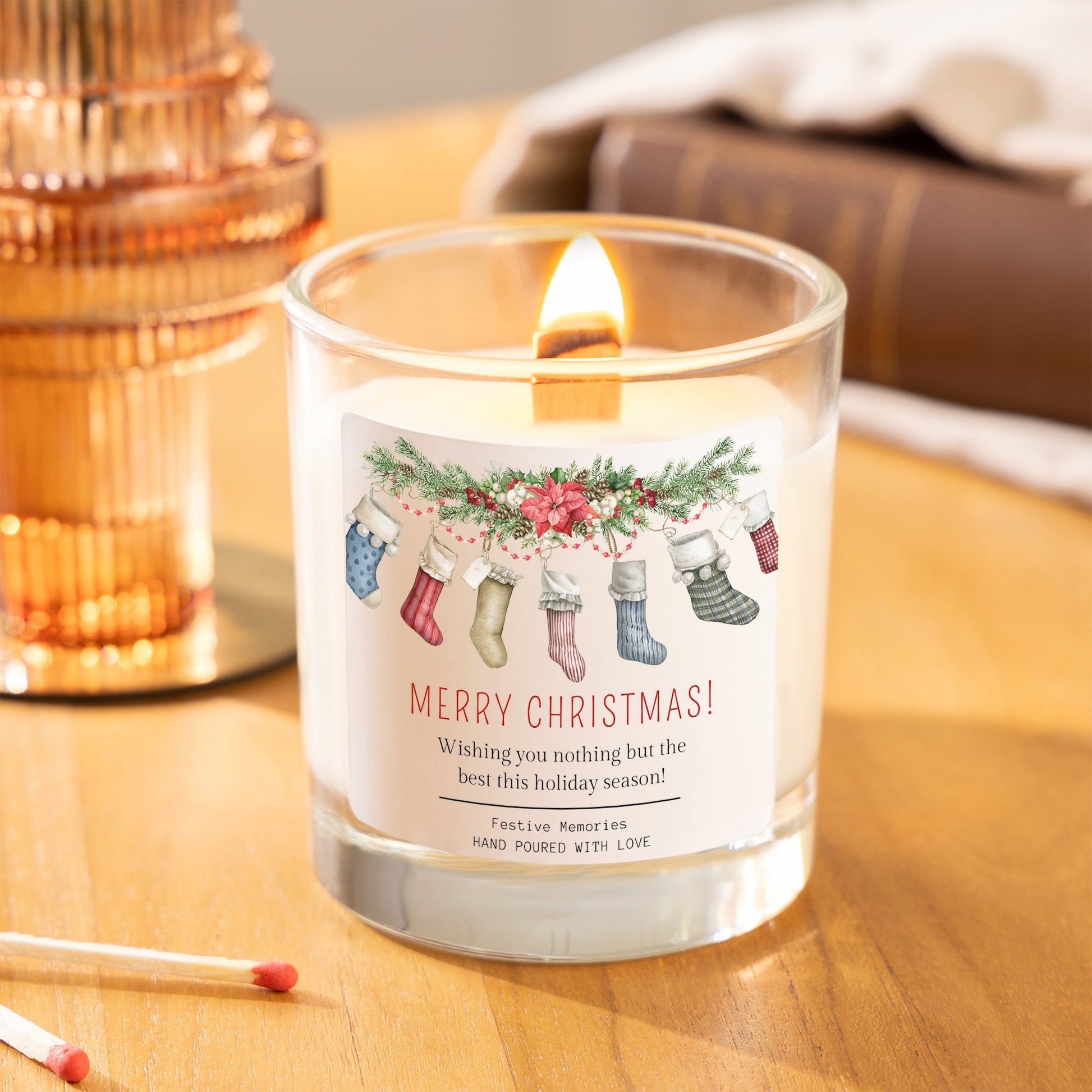 personalised chrismas candle with christmas stockings design, scented candle for Christmas made with soy wax and premium fragrance oils.