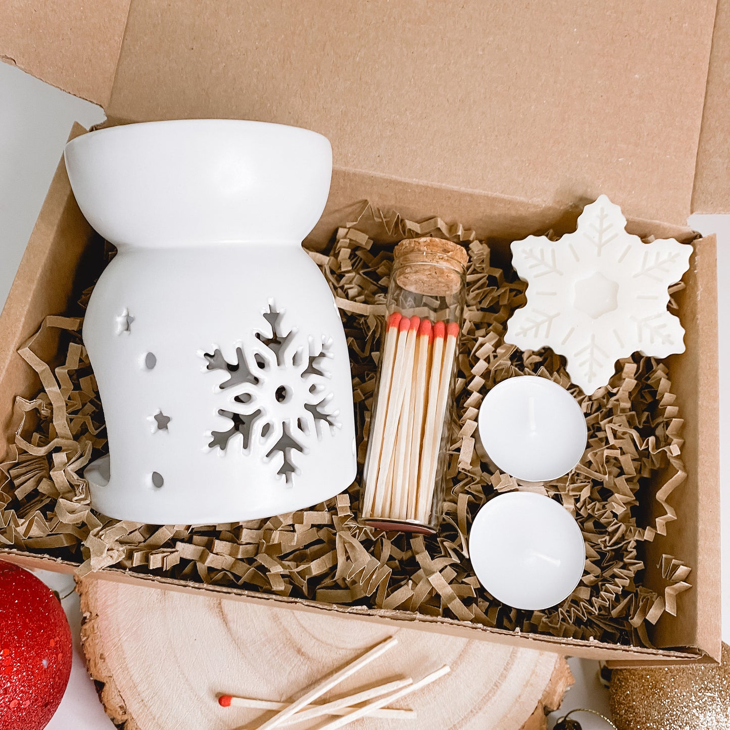 christmas wax burner gift set with wax melts, tea lights and matches