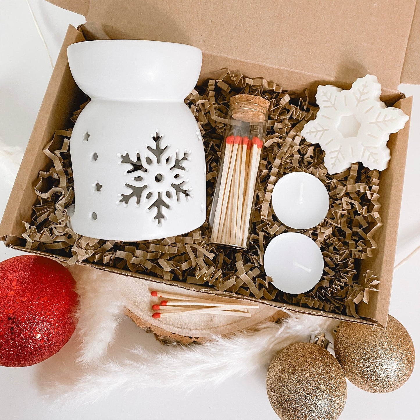 christmas wax burner gift set with wax melts, tea lights and matches