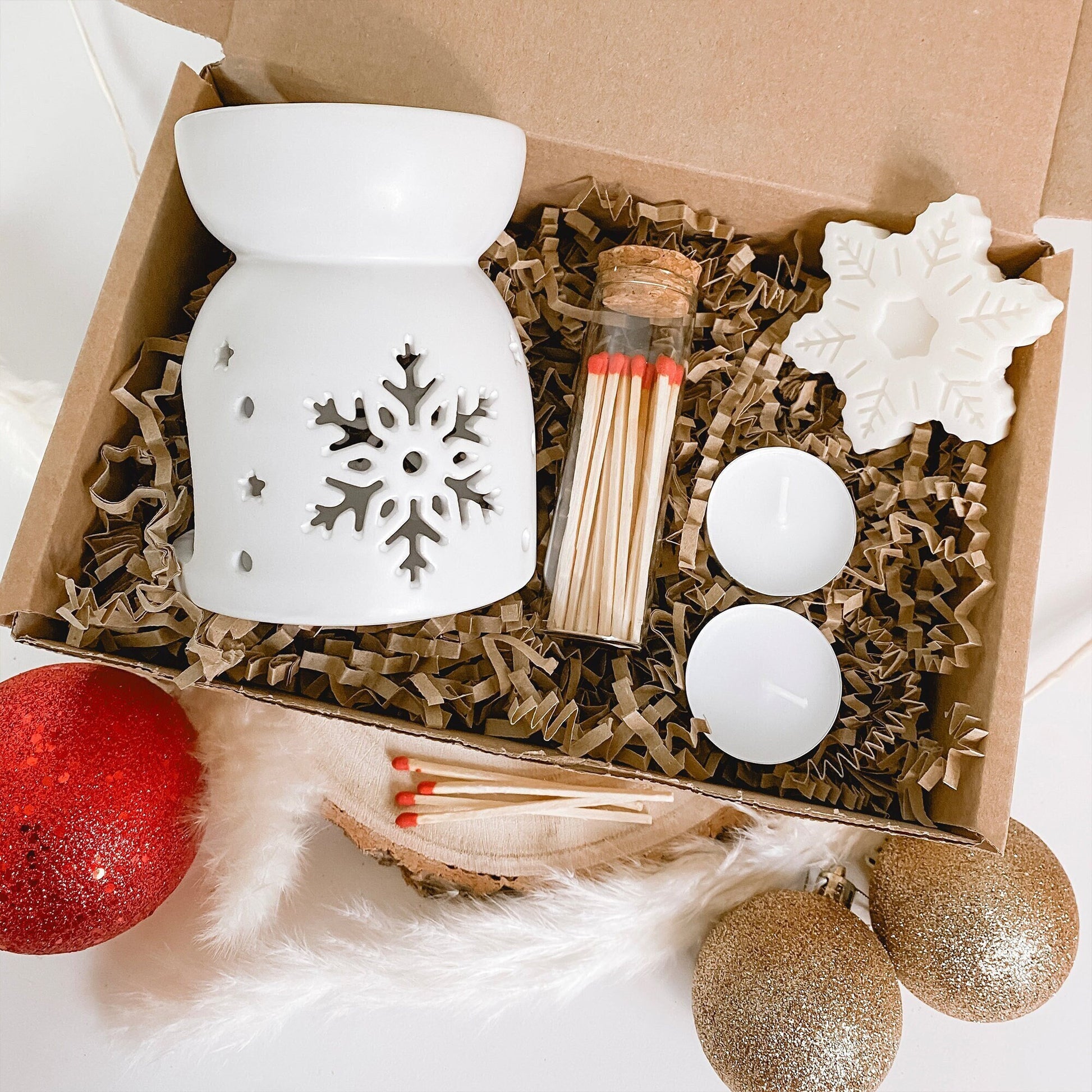 christmas wax burner gift set with wax melts, tea lights and matches