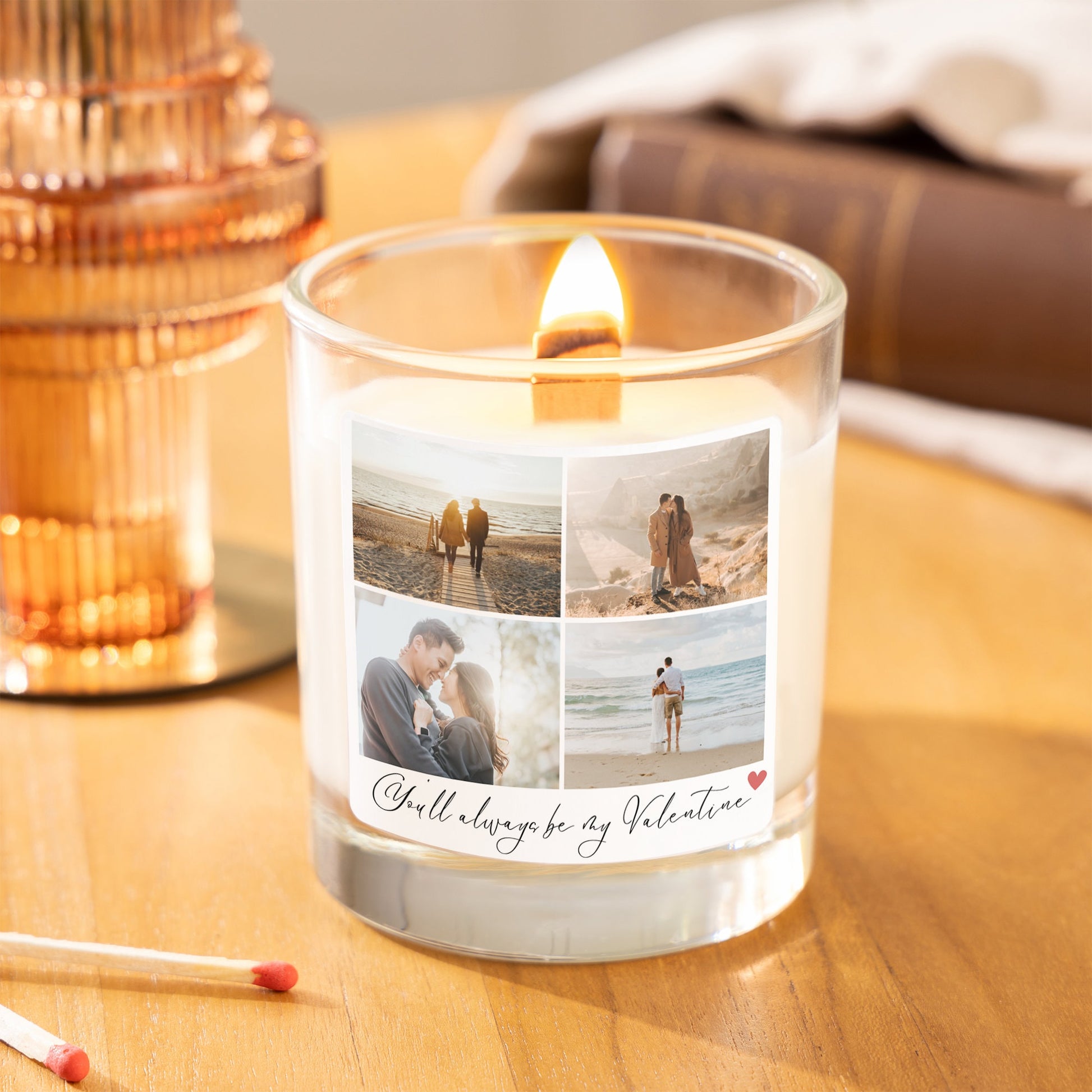 personalised photo candle for valentine&#39;s day with 4 photos - clear jar